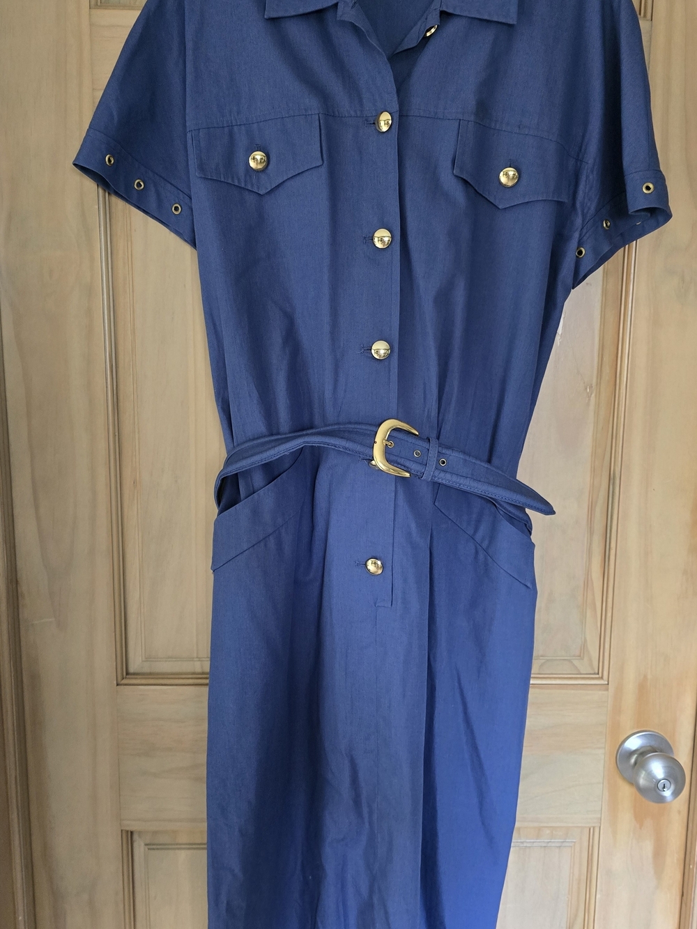 Vintage Luisa Spagnoli Italy Blue Safari Utility Belted Shirt Dress Size 46 / US